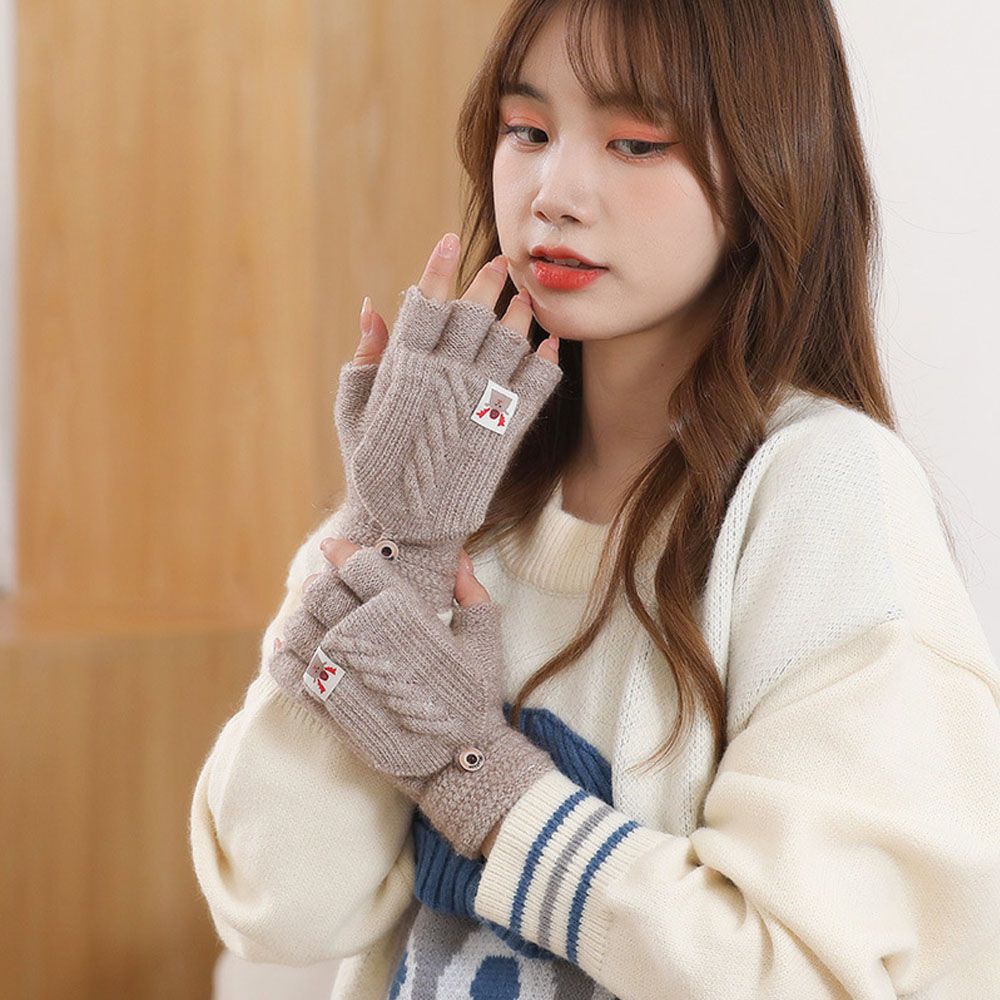 Găng tay vải bông dệt kim hở nửa ngón tay giữ ấm mùa đông thời trang cho nữ