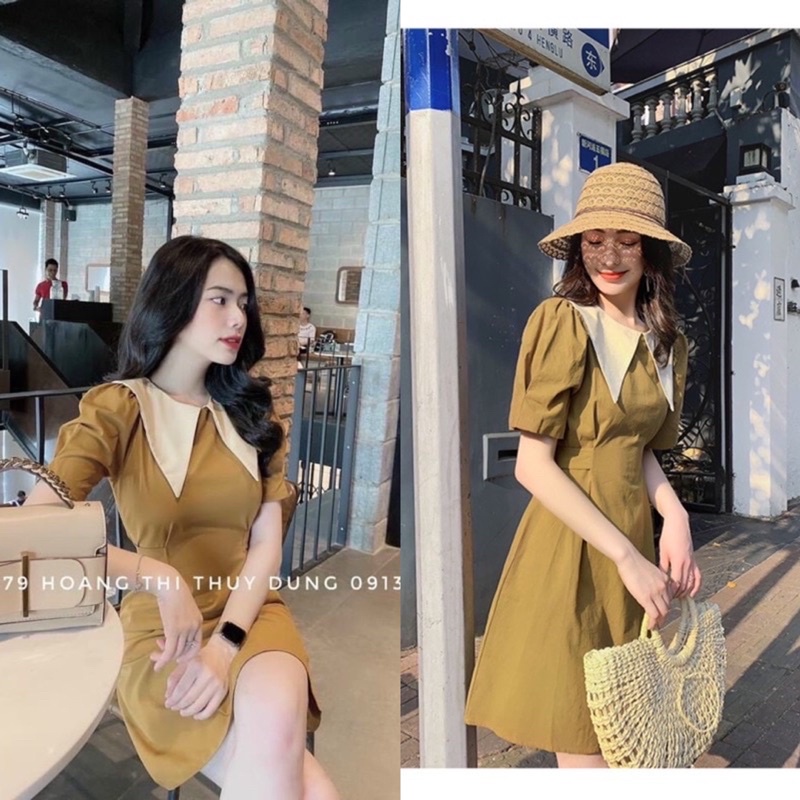 Váy nâu cổ pha sơ mi buộc lưng dây lưng đơn giản siêu đẹp