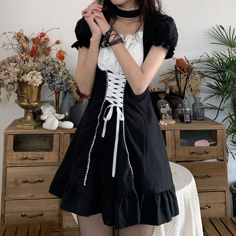 Brroa Đầm Tay Phồng Ngắn Cổ Vuông Eo Cao Dáng Chữ A Phối Dây Cột Phong Cách Lolita Xinh Xắn Cho Nữ