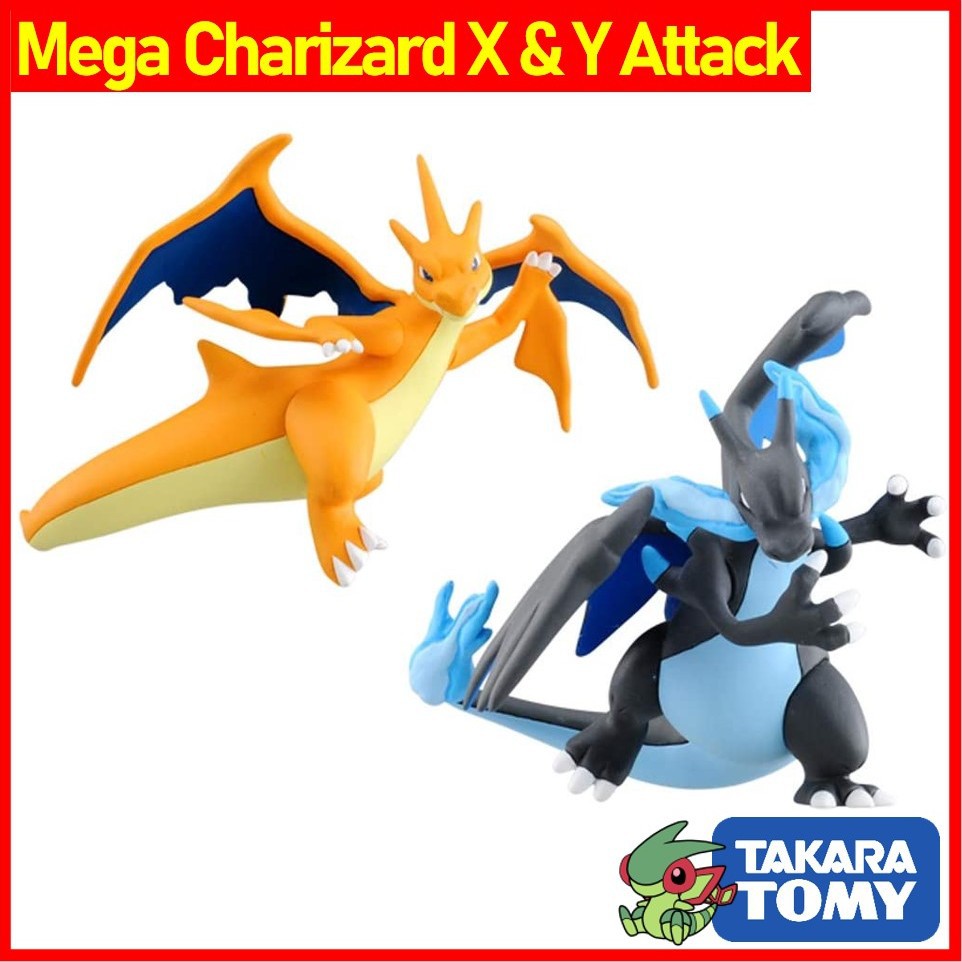 [Set có background] Mô hình Pokemon Mega Charizard X &amp; Mega Charizard Y Attack Takara TOMY (Hiếm) Super Size - Moncolle