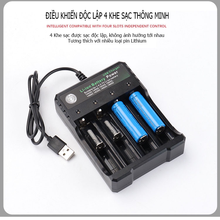 Bộ sạc pin 18650 tự ngắt thông minh Bmax BH-042100-04U điện áp đầu ra 3.7V - 4.2V phù hợp với nhiều loại pin