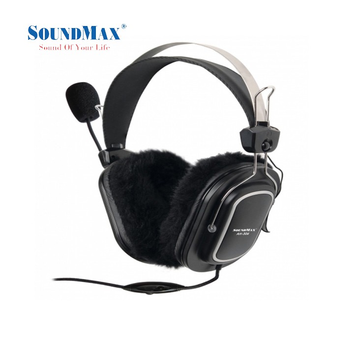 Tai nghe chụp đầu - có micro SOUNDMAX AH304 lót da + tặng kèm lót lông mềm mại -Hàng chính hãng