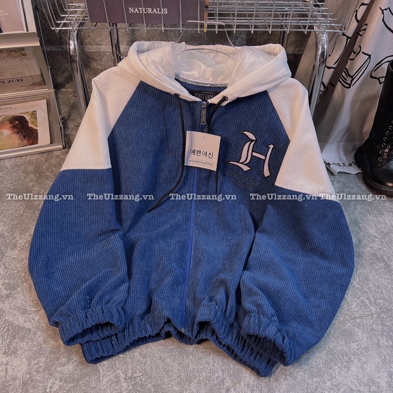 Áo khoác nam nữ nhung Tăm quảng châu form rộng nón rộng 2 lớp cài nút hàng unisex thêu " H NÓN " - NT1014