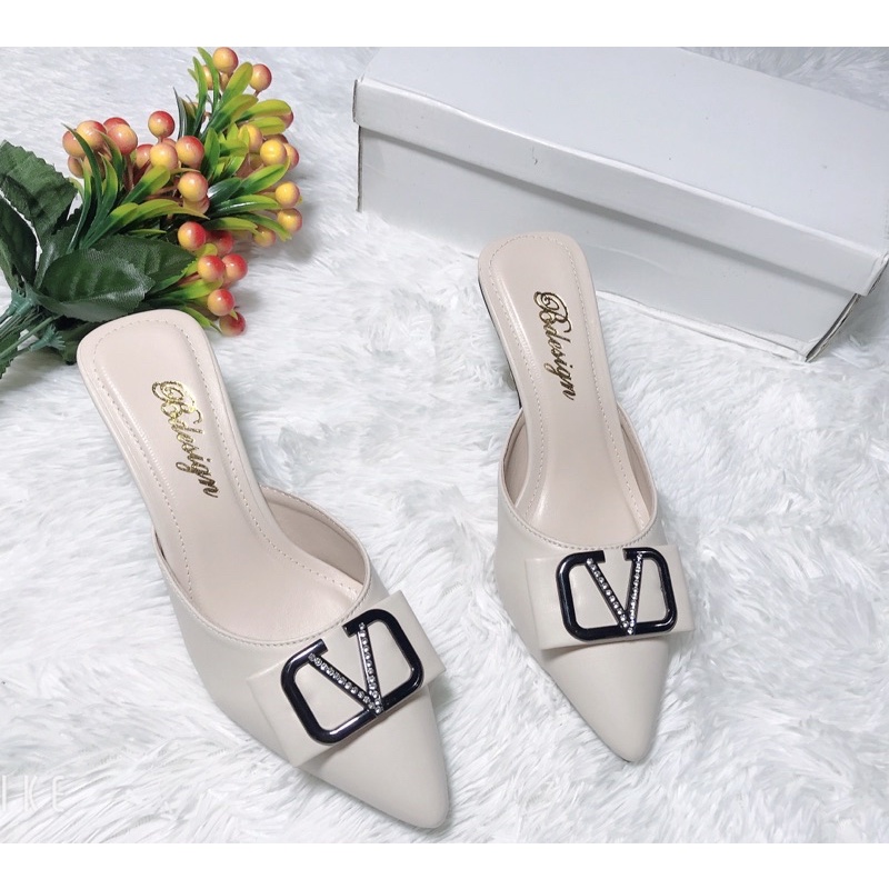 Sục da sục nữ sục cao gót giày cao gót mũi nhọn gót nhọn 5cm 2 màu đen kem sành điệu thời trang