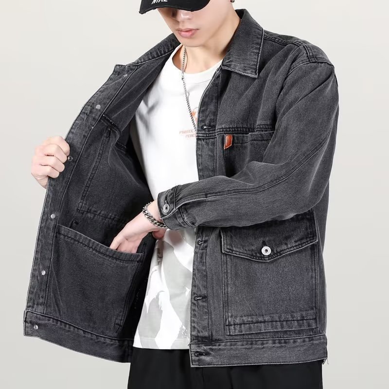 Áo Khoác Denim Dáng Rộng Màu Đen Thời Trang Xuân Thu Cho Nam Giới Có Size M-3XL