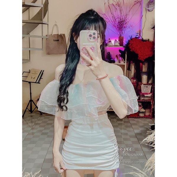Set áo bẹt vai cầu vồng và chân váy rút dây 2 bên siêu hot