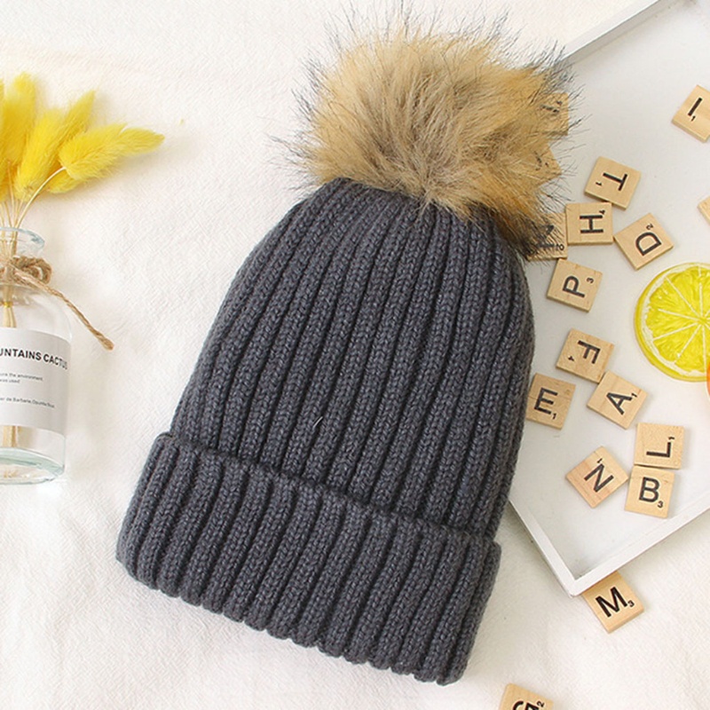 Mũ Beanie Dệt Kim Phối Bóng Lông Màu Sắc Trơn Giữ Ấm Mùa Đông Dành Cho Trẻ Em