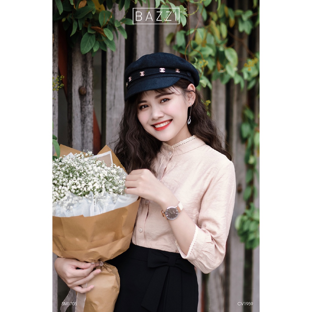 Áo sơ mi cổ tàu viền ren màu be thiết kế Bazzi - ẢNH THẬT TỰ CHỤP