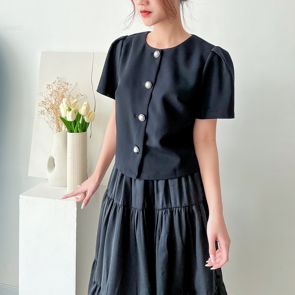 Áo cổ tròn tay cộc vai xếp ly TIINSTORE   AHN314