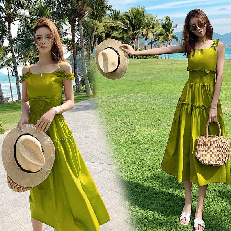 Đầm Hai Dây Dáng Ôm Hở Lưng Màu Bơ Xanh Lá Phong Cách Mới