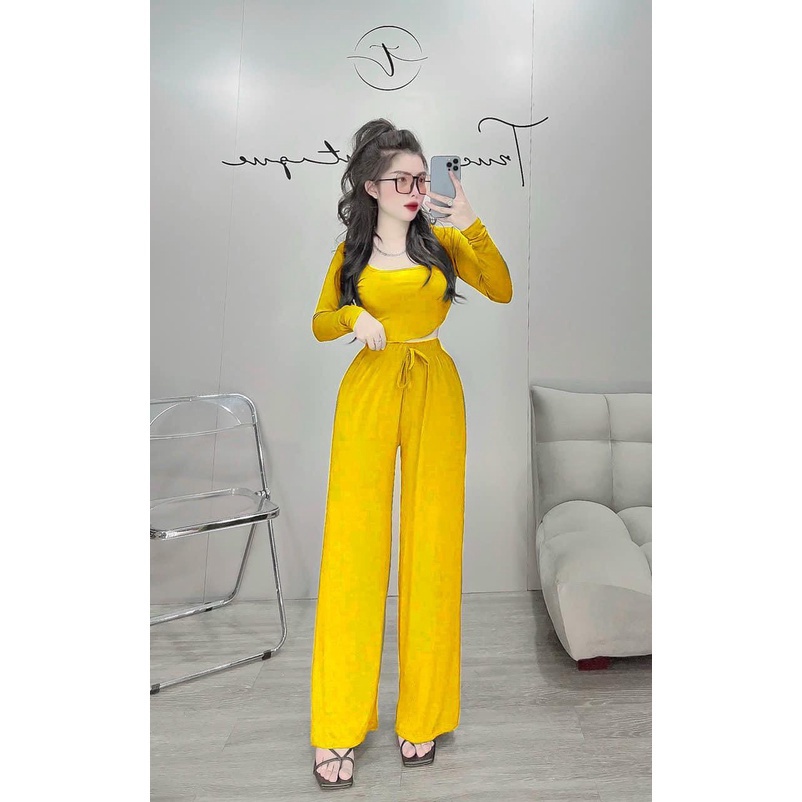 Set bộ thun áo vạt bầu cổ vuông tay dài, quần ống suông rộng thiết kế đơn giản mặc đi chơi sa