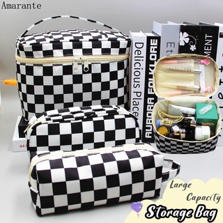 Túi Đựng Bút Tiết Kẻ Ô Trắng Đen Đơn Mỹ Phẩm Lớn Có Khóa Kéo Đa Năng Phong Cách Retro