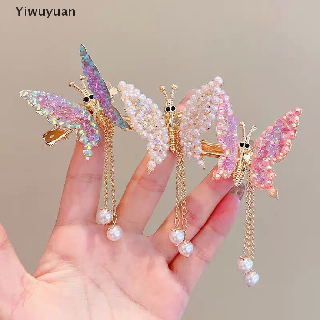 &lt; Yiwuyuan &gt; Kẹp Tóc Mái Bướm Chuyển Động Bằng Hợp Kim Đính Ngọc Trai DIY Cho Bé Gái