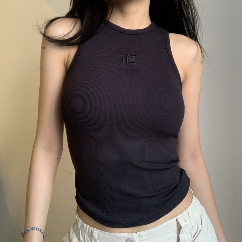 Áo Tank Top Dáng Dài Thêu M tiemmem - Trắng , Đen