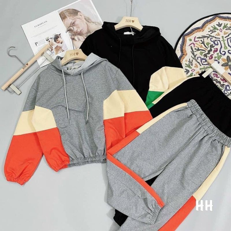 Set quần áo umi da cá dáng thể thao áo hoodie dài tay mix quần cạp chun BCi