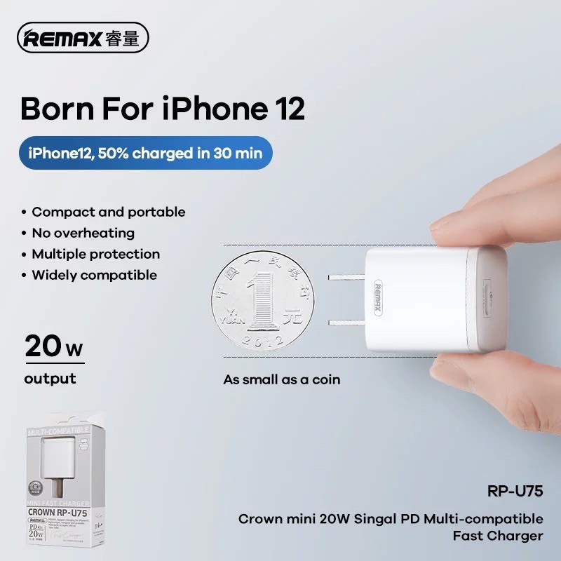 Củ sạc 20W cho iphone 12/Iphone 12 Pro/iphone 12 Pro Max chuẩn hãng REMAX RP-U75