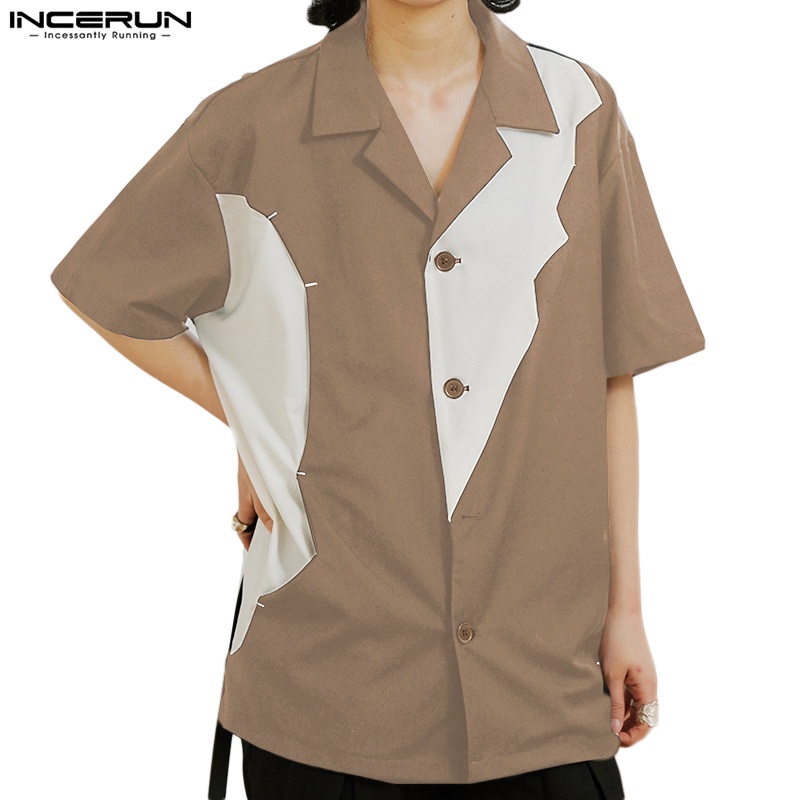 Áo sơ mi Incerun tay ngắn cài nút ghép màu phong cách dự tiệc cho nam