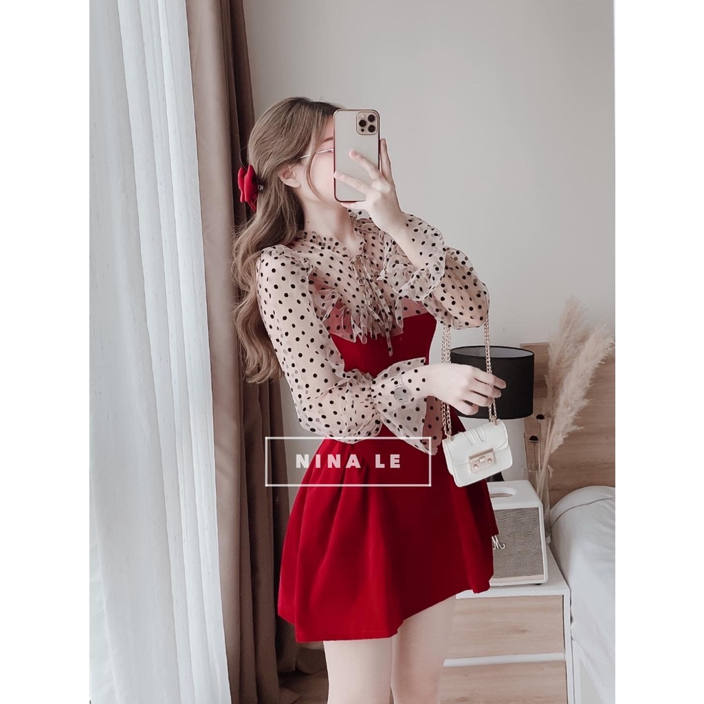 Đầm tay dài phối lưới chấm bi kết hợp với cột nơ xinh xắn, dễ thương thời trang nữ dành cho các nàng đi chơi,dự tiệc | BigBuy360 - bigbuy360.vn