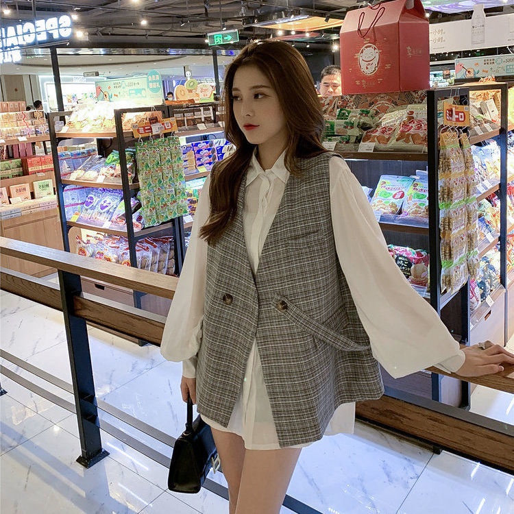 Set Áo Sơ Mi Tay Phồng Form Rộng Họa Tiết Sọc Caro Phối Với Áo Vest Không Tay Thời Trang Trẻ Trung  tao bao