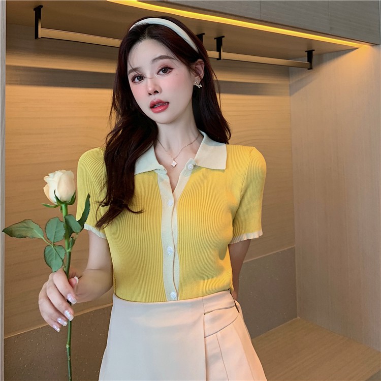 Áo len dệt kim polo phối màu thời trang áo thun ngắn tay mỏng hàng đầu nữ