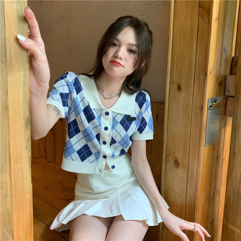 Áo khoác croptop nữ bigsize cardigan croptop áo croptop cổ lọ Áo Thun Dệt Kim Ngắn Tay Cổ polo Họa Tiết Caro Màu Sắc Retro Phong Cách Phương Tây Thời Trang Cho Nữ