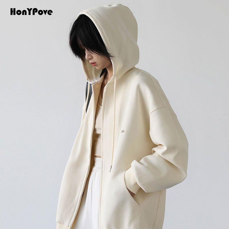 Honypove Áo Khoác Hoodie Dáng Rộng Có Khóa Kéo Phong Cách Hàn Quốc Thời Trang Mùa Thu 2022