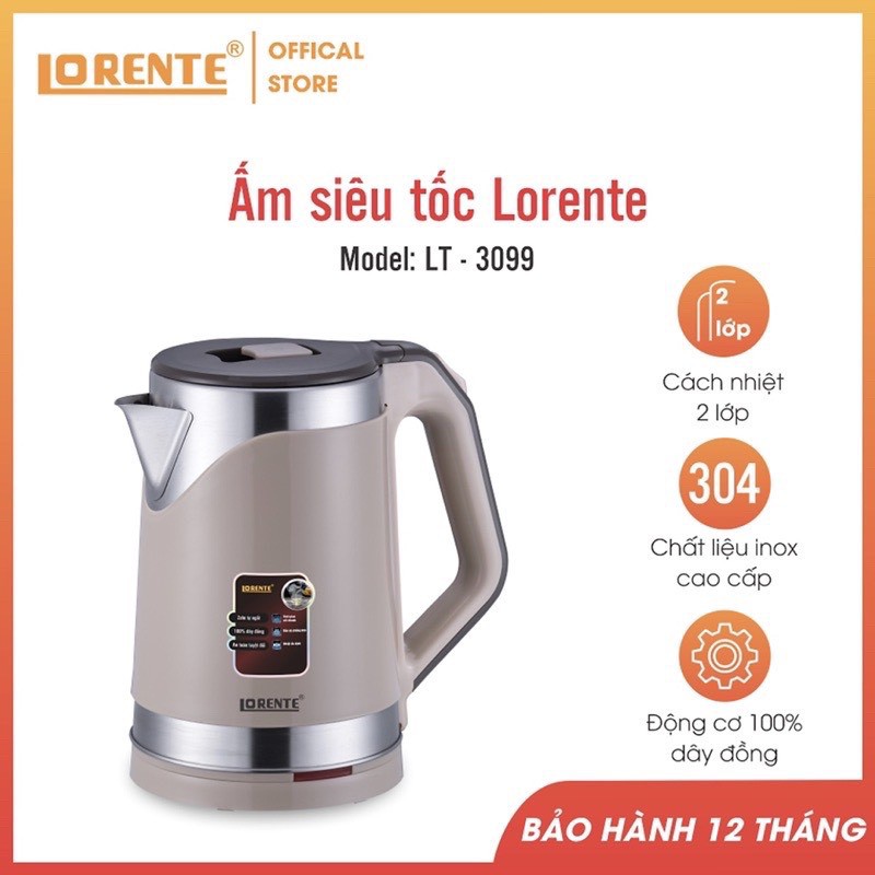 Ấm siêu tốc cao cấp Lorente LT-3099- LT 3088 Bình đun siêu tốc dung tích 2,2L chính hãng (BH12 tháng)