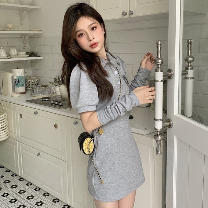 Đầm Ngắn Ôm Eo Tay Phồng Cổ Polo Thời Trang Mùa Hè Dành Cho Nữ