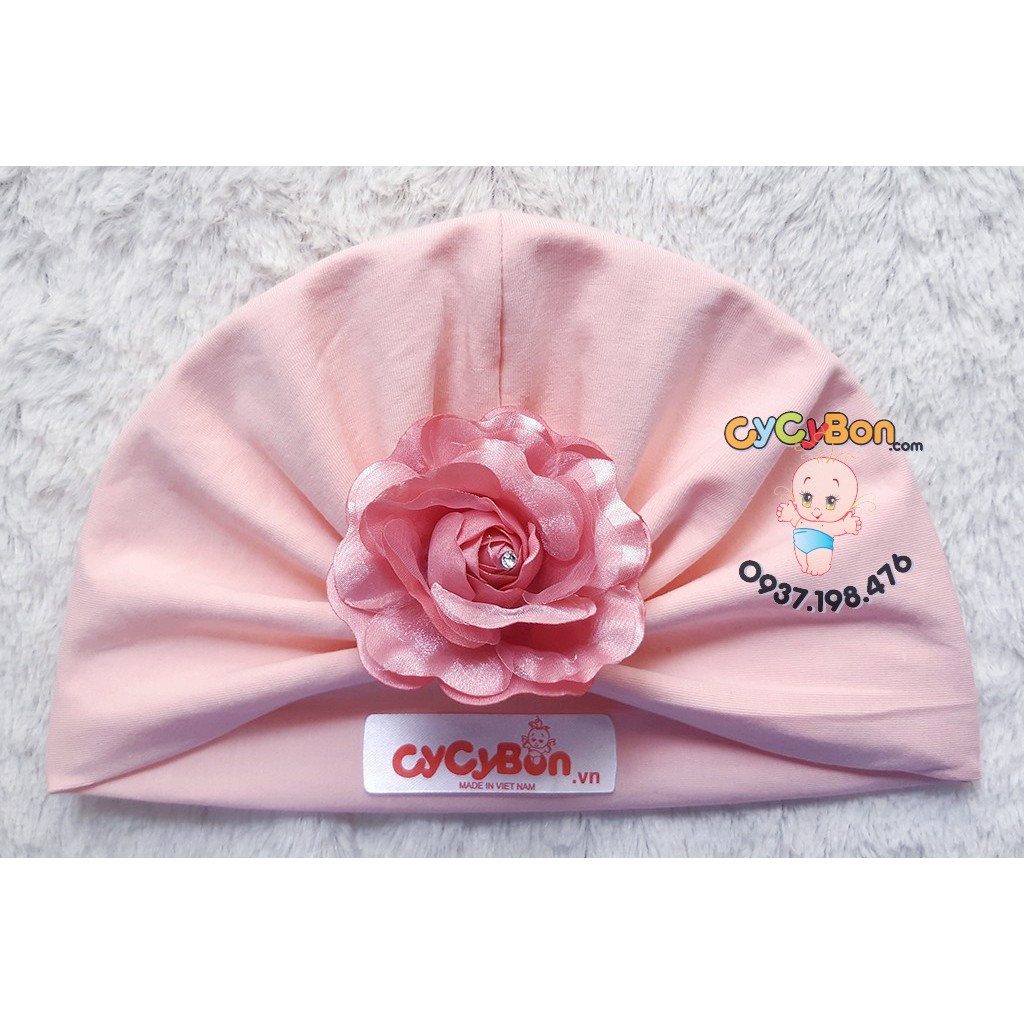 Nón Mũ Turban Cho Bé Gái Thun Cotton Màu Hồng Ruốc Đính Bông Nhụy Đá - Có Size Cho Bé Từ Sơ Sinh!