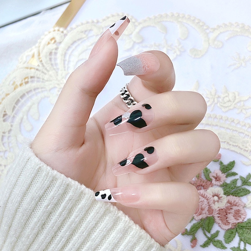 Time * Móng Tay Giả Dạng Nhấn Tháo Rời Được In Họa Tiết Bò Sữa Trái Tim Kiểu Pháp