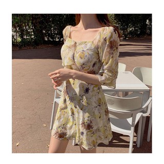 [ORDER] Đầm voan hoa phối bèo cổ vuông vintage D117