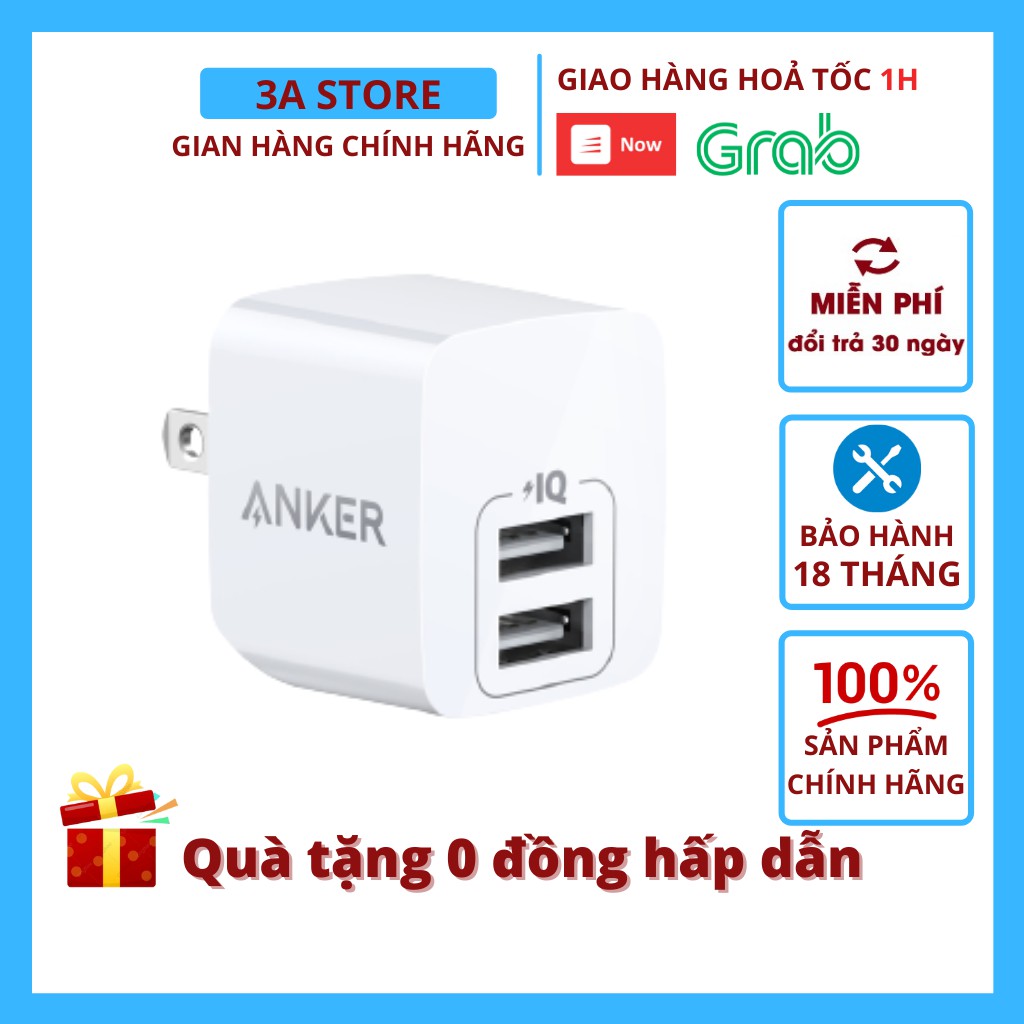 Sạc ANKER PowerPort Mini 2 cổng USB 12W - A2620 sạc nhanh iphone 6 7 8 Plus X Xs Max 11 Pro, IPad, Android Full box