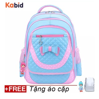 Balo chống gù lưng cho học sinh lớp 3 -6 Kèm móc khóa búp bê Kabid-chibi Tặng áo trùm cặp (Xanh phối hồng )