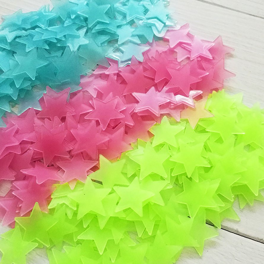 Bộ 100 miếng dán tường hình ngôi sao 3D hiệu ứng dạ quang