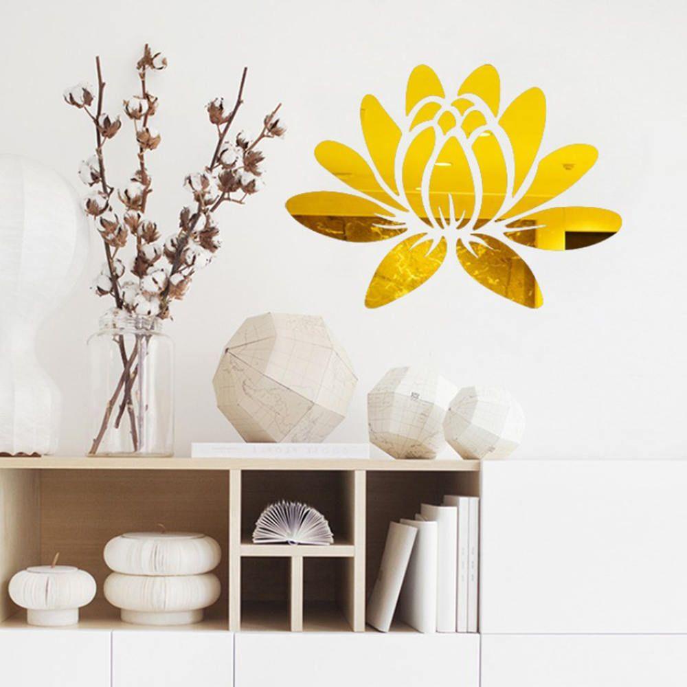 Nhãn Dán Tường Mặt Gương Acrylic Tự Dính Hình Hoa Sen Nở 3D Sáng Tạo DIY