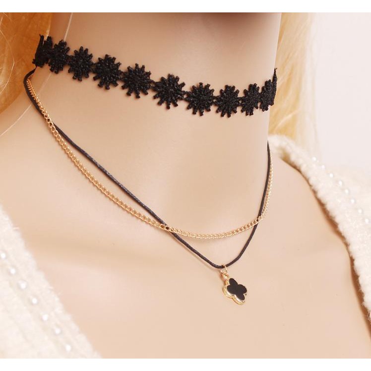 Vòng đeo cổ tatoo choker nhung ren gắn hạt cườm/ sợi mảnh hai dây gắn bông hoa 4 cánh sang chảnh cho nữ VC102