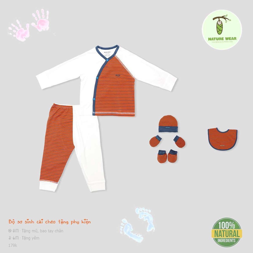 [CHÍNH HÃNG] Bộ áo dài tay quần dài khuy chéo sơ sinh sợi tre tặng kèm phụ kiện Nature Wear