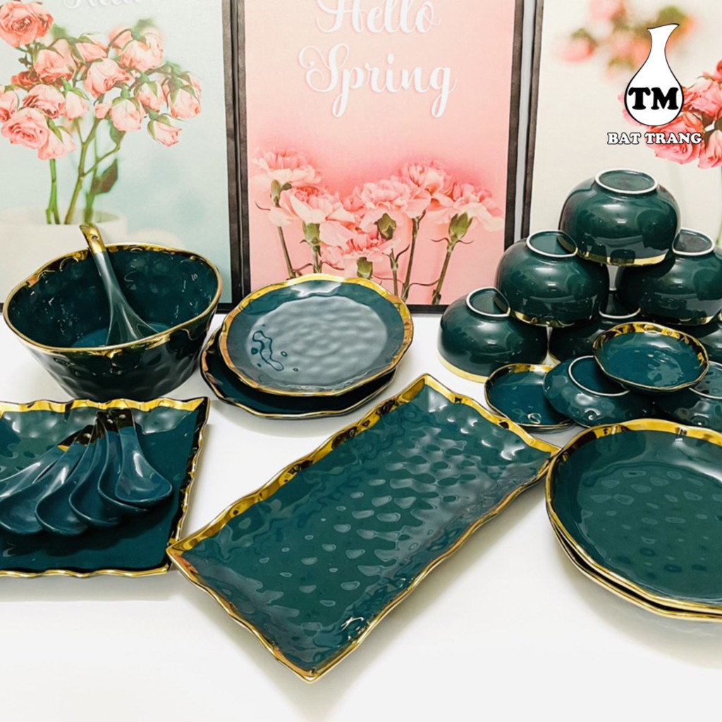 Bộ Đồ Ăn 26 Món Xưởng Gốm TM Màu Xanh Dương Viền Vàng Kiểu Sần Độc Đáo