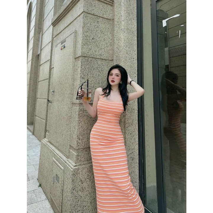 Đầm ôm body sọc ngang đủ màu lên form siêu đẹp, đầm thun gân ôm dáng hot trend có dây cổ đẹp xuất sắc