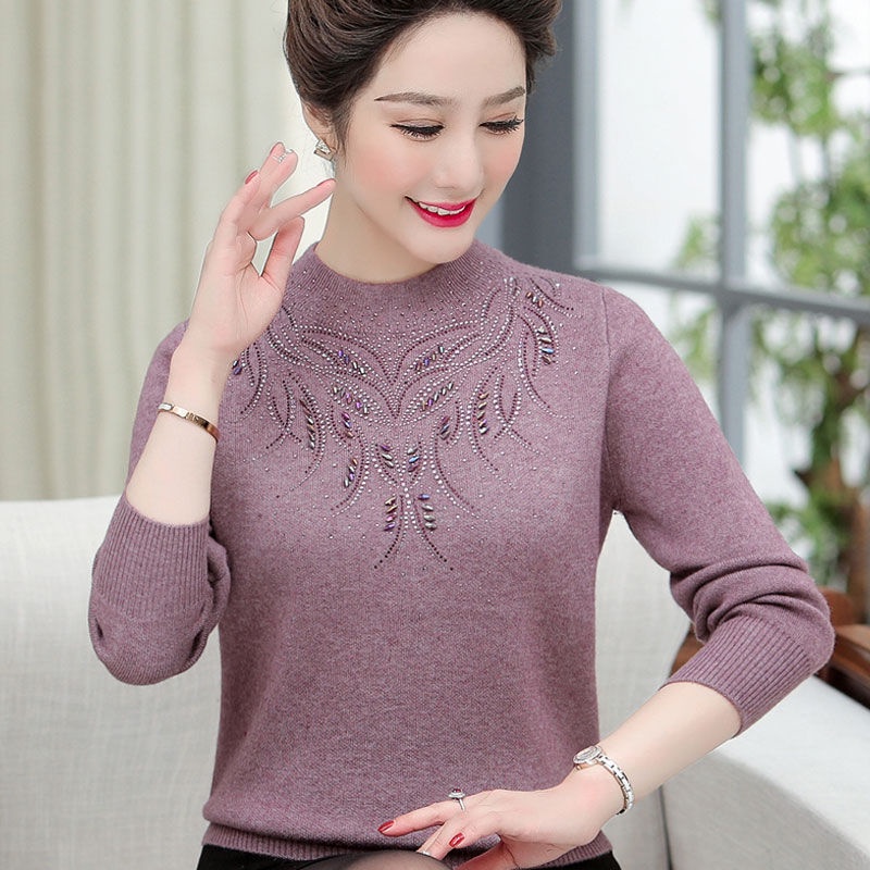 ✌Bà mẹ phụ nữ trung niên và cao tuổi mới mặc áo len đan rộng rãi người cỡ lớn cộng với sơ mi phía dưới bằng nhung dày