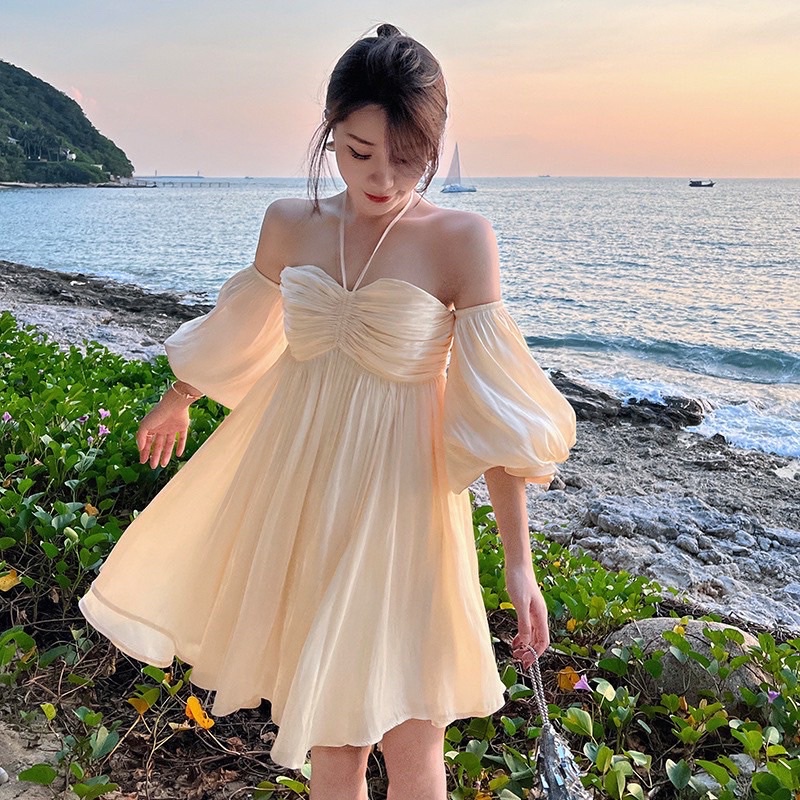 Đầm tơ trễ vai BRIE CLOTHING rút ngực - 243