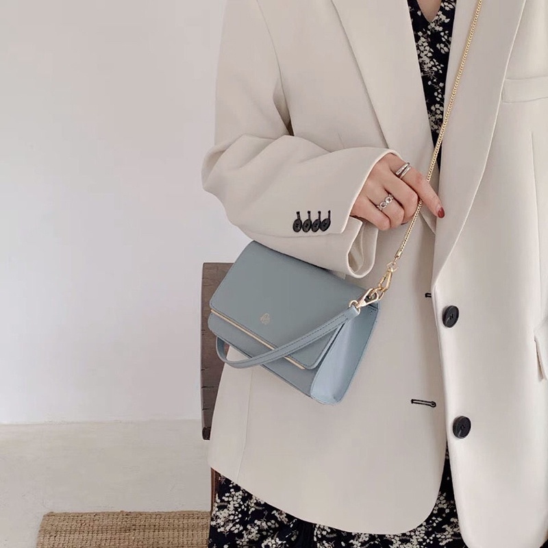 Túi xách đeo vai màu trơn dây đeo phối ngọc trai và dây xích thời trang thanh lịch