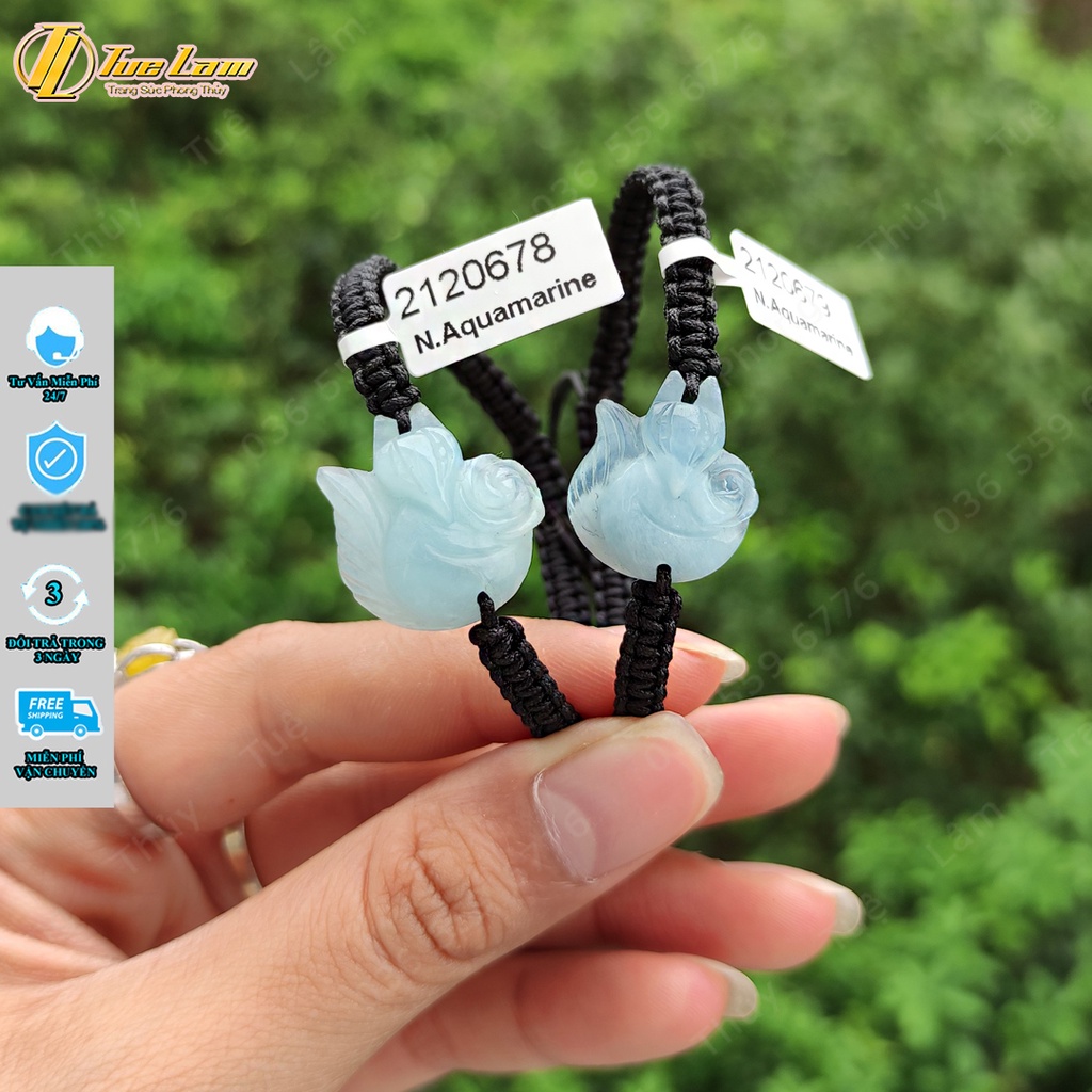 Vòng tay hồ ly chín đuôi aquamarine dáng ôm hoa bện chỉ may mắn hợp mệnh thủy mộc - Tuệ Lâm