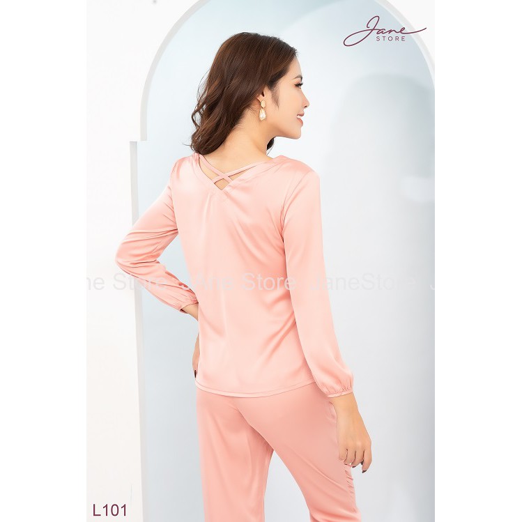 Bộ đồ lụa mặc nhà thiết kế cổ V JANE áo dài quần dài màu hồng L101