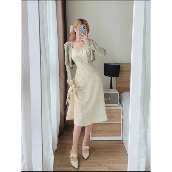 D0001 SÉT ĐẦM VÁY HOA NHÍ , DÁNG DÀI MIDI, ÁO KHOÁT CROPTOP,VÁY 2 DÂY KÈM CÚP NGỰC,