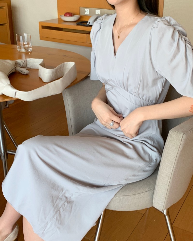 Đầm dáng dài Peppermint 42646 tay ngắn cổ chữ V phong cách Hàn Quốc thời trang cho nữ