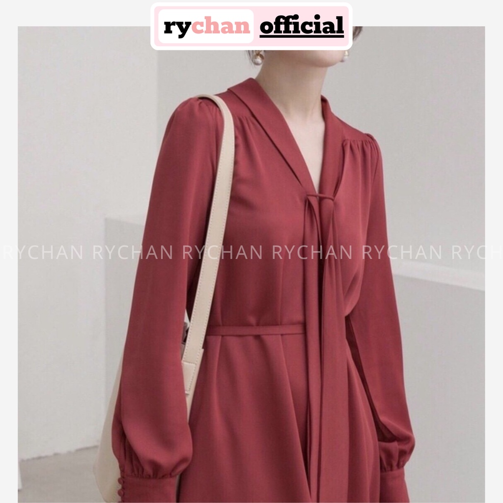 DX197 - Đầm Xòe Tay Dài Dây Cổ Thắt Nơ Eo Màu Đỏ