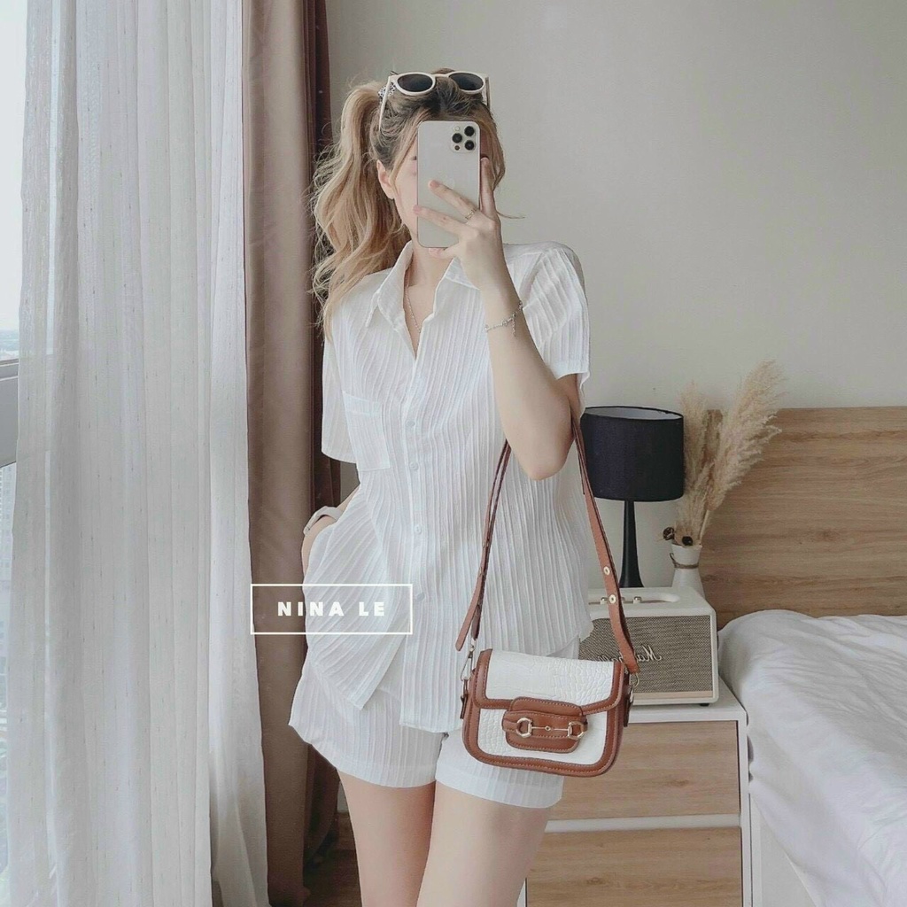 Sét Sơ mi cột dây nơ sau giá siêu hạt dẻ