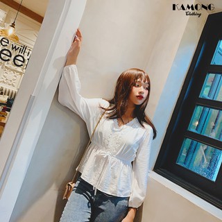 Áo kiểu phối ren rút eo KAMONG A052