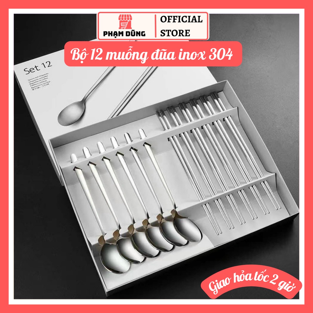 Bộ 12 muỗng đũa inox 304 cao cấp , combo 12 muỗng đũa thép không gỉ tiện dụng